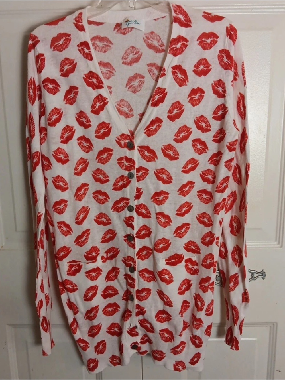 Pearl Junkie red and white linen blend lips tunic length cardigan Small